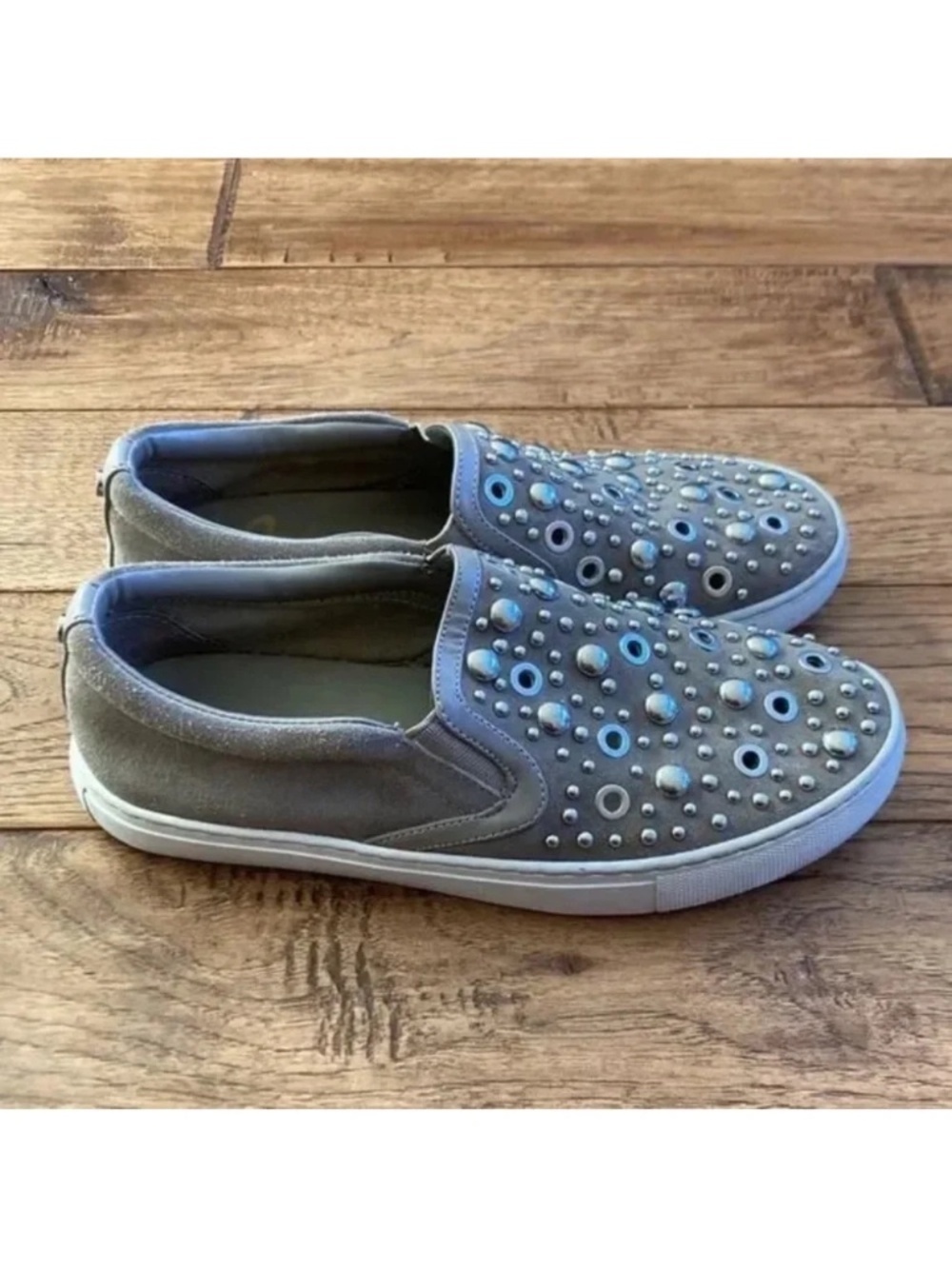 Sam Edelman Paven Embellished Studded Slip-On Sneakers in Taupe Suede Size 6